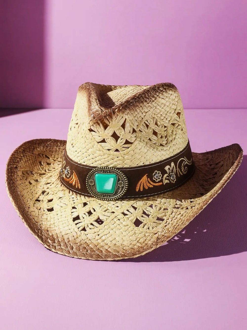 Woven Straw Cowboy Hat with Turquoise Accent